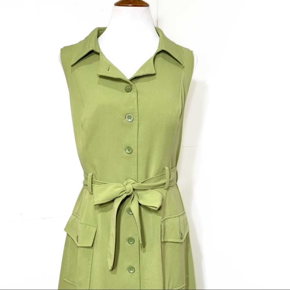 SOLD-Modcloth Buttondown Belted Olive Green Sleeveless Shirtdress - Picture 7 of 12